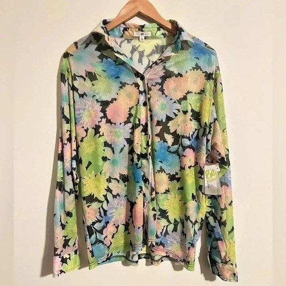 ✨NWT BP. Neon Floral Mesh Blouse Pride Gender Inclusive Button Up SMALL - Picture 2 of 5